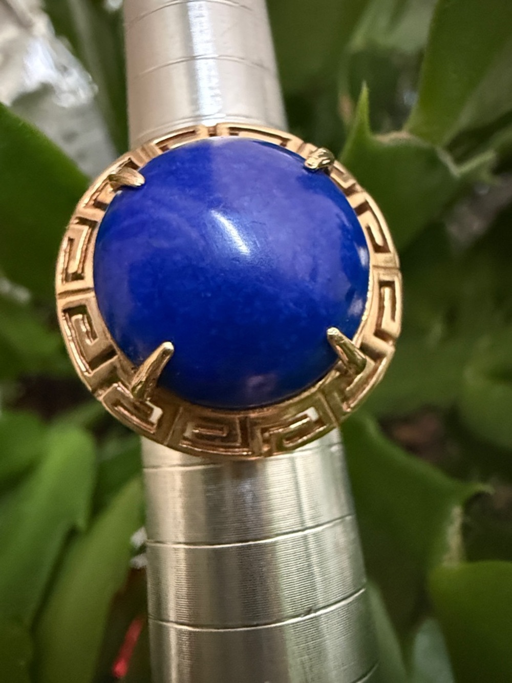 14K Gold Greek Key Edge Lapis Blue Lazuli Cabochon Ring size 4.75